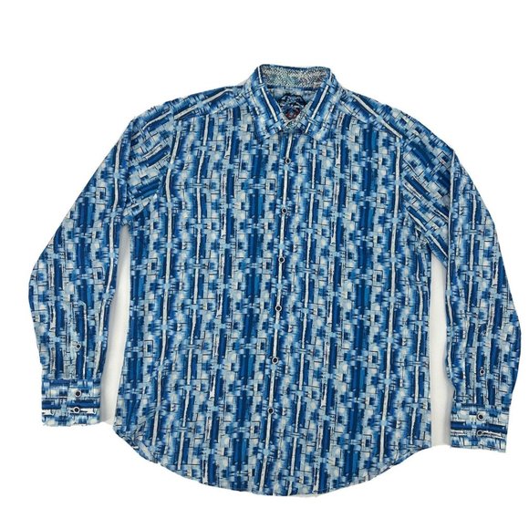 Robert Graham Shirt Men S Blue White Geometric Long Sleeve Button Up Flip Cuff - Picture 1 of 12